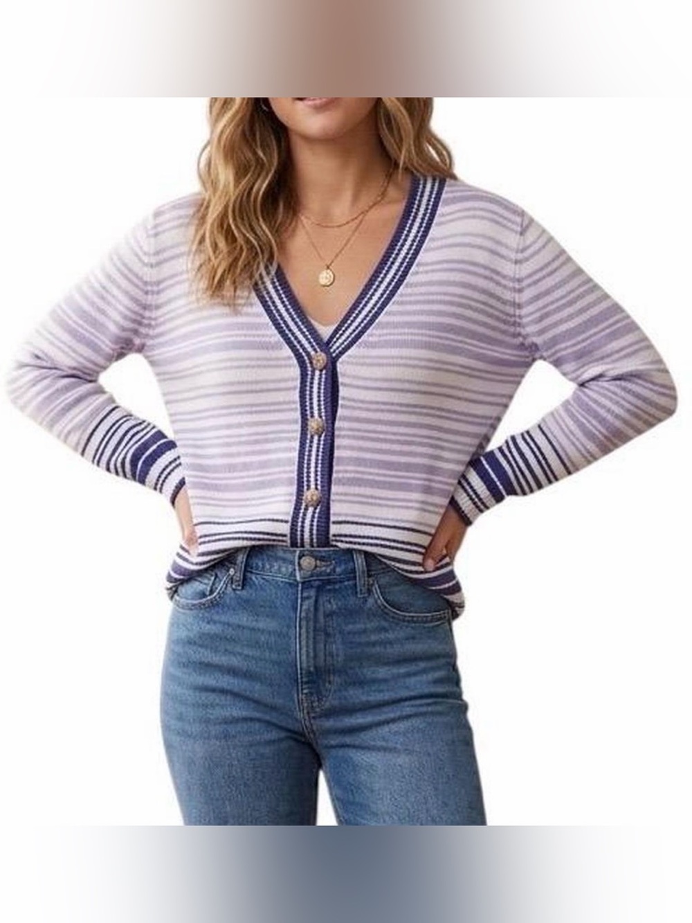 NWT Nine West Lavender and White Striped V‑Neck Button Cardigan